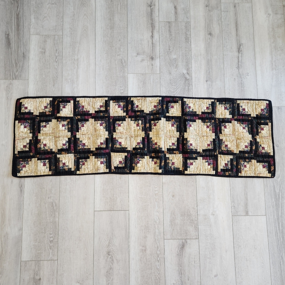 Handcrafted Farmhouse Handmade Quilted Table Runner Multicolor Black Tan Pink